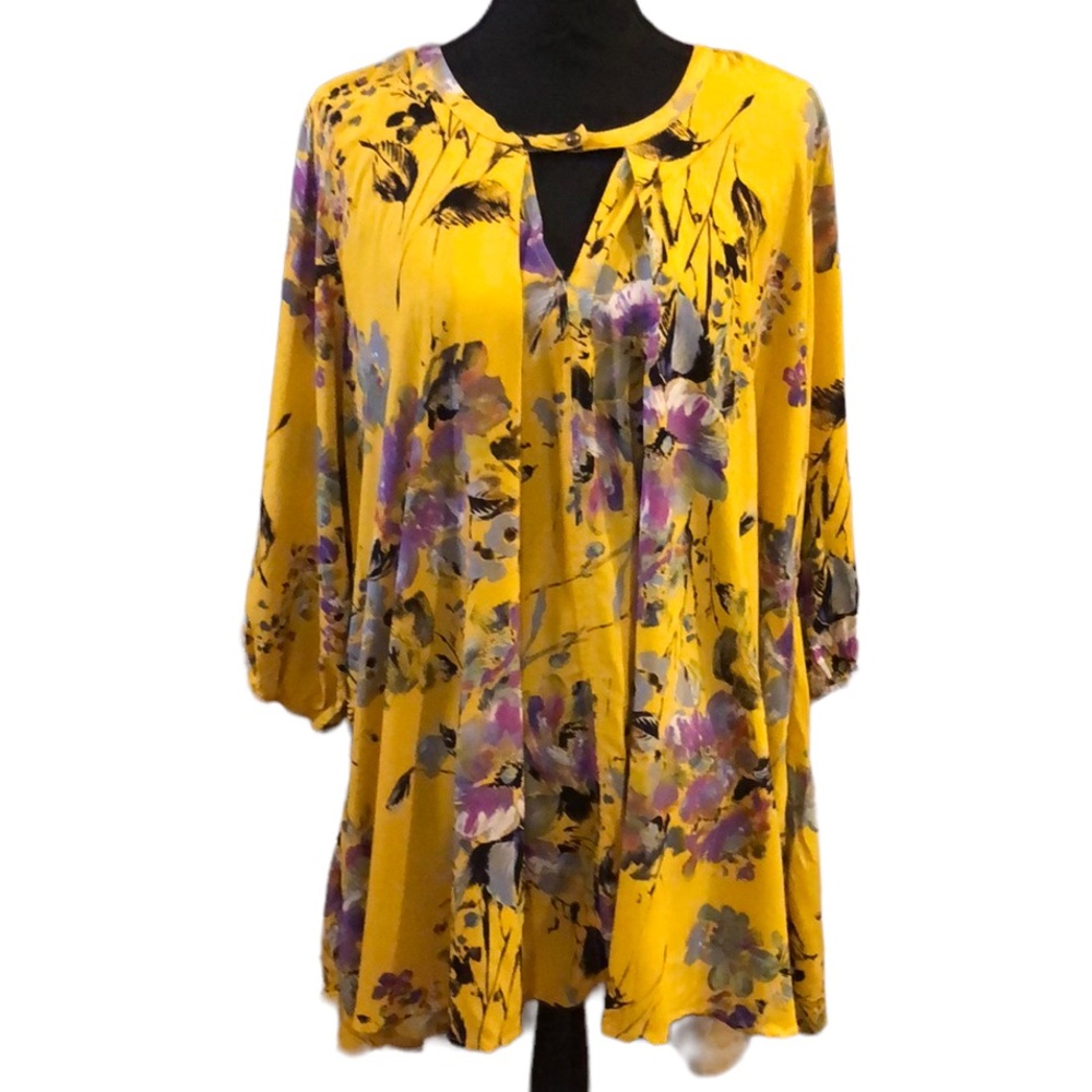 JODIFL FLORAL OVERSIZED TUNIC BLOUSE YELLOW PURPLE GRAY SIZE SMALL NEW WITH TAGS